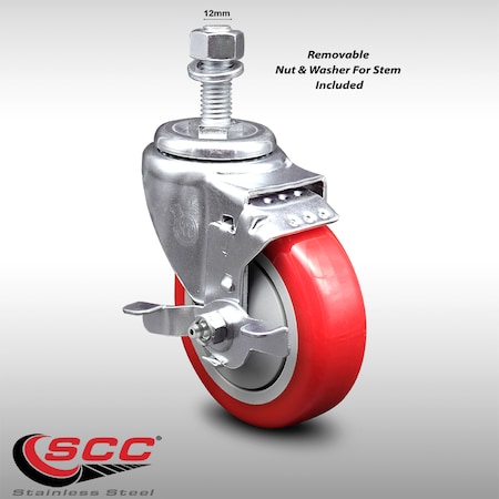 Service Caster 4 Inch SS Red Polyurethane Swivel 12mm Threaded Stem Caster with Brake SCC SCC-SSTS20S414-PPUB-RED-TLB-M1215